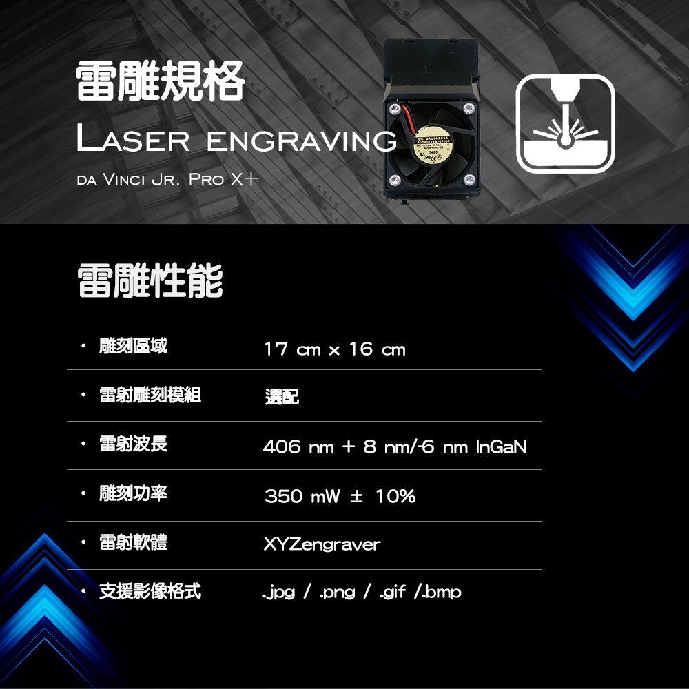 雷雕規格LASER ENGRAVINGDA VINCI JR PRO 雷雕性能雕刻區域17 cm x 16 cm雷射雕刻模組選配雷射波長406nm + 8 nm-6 nm InGaN雕刻功率350mW  10%雷射軟體XYZengraver支援影像格式.jpg/ .png / .gif /.bmp