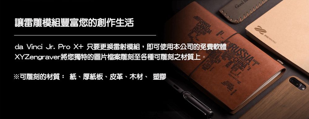 GoodRUSSIACHINA讓雕模組豐富您的創作生活da Vinci Jr. Pro X+ 只要更換雷射模組,即可使用本公司的免費軟體XYZengraver將您獨特的圖片檔案雕刻至各種可雕刻之材質上。※可雕刻的材質:紙、厚紙板、皮革、木材、塑膠