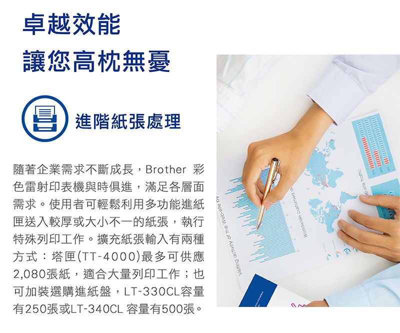 卓越效能讓您高枕無憂進階紙張處理隨著企業需求不斷成長,Brother 彩色雷射印表機與時俱進,滿足各層面需求。使用者可輕鬆利用多功能進紙匣送入較厚或大小不一的紙張,執行特殊列印工作。擴充紙張輸入有兩種方式:塔匣(TT4000)最多可供應2,080張紙,適合大量列印工作;也可加裝選購進紙盤,LT-330CL容量有250張或LT-340CL 容量有500張。Visiting tivity of the Web-  customers ac-