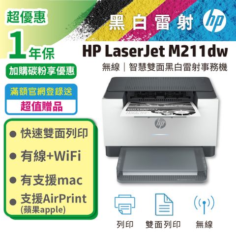 【HP超值加購碳粉送保固方案!】HP LaserJet M211dw 無線雙面黑白雷射印表機