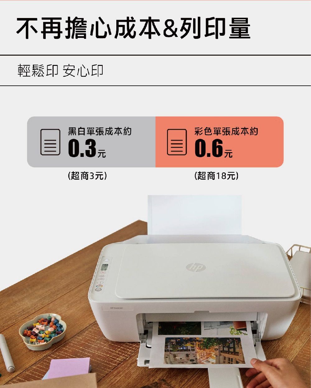 不再擔心成本&列印量輕鬆印 安心印彩色單張成本約黑白單張成本約0.3元(超商3元)0.6 元(超商18元)