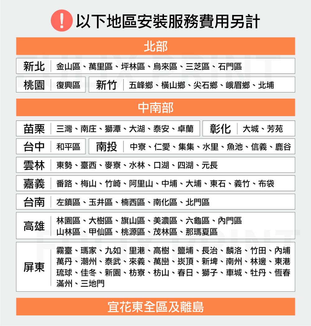 以下地區安裝服務費用另北部新北 金山區、萬里區、坪林區、烏來區、三芝區、石門區桃園  復興區 新竹  五峰鄉、橫山鄉、尖石鄉、峨眉鄉、北埔中南部苗栗三灣、南庄、獅潭、大湖、泰安、卓蘭 彰化大城、芳苑台中  和平區 南投  中寮、仁愛、集集、水里、魚池、信義、鹿谷雲林 東勢、臺西、麥寮、水林、口湖、四湖、元長嘉義番路、梅山、竹崎、阿里山、中埔、大埔、東石、義竹、布袋台南 | 左鎮區、玉井區、楠西區、南化區、北門區高雄林園區、大樹區、旗山區、美濃區、六龜區、內門區山林區、甲仙區、桃源區、茂林區、那瑪夏區屏東霧臺、瑪家、九如、里港、高樹、鹽埔、長治、麟洛、竹田、內埔萬丹、潮州、泰武、來義、萬巒、崁頂、新埤、南州、林邊、東港琉球、佳冬、新園、枋寮、枋山、春日、獅子、車城、牡丹、恆春滿州、三地門宜花東全區及離島