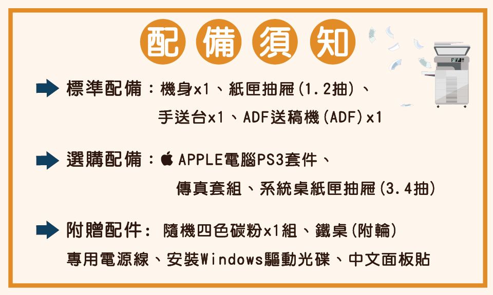 配備須知標準配備機身x1紙匣屜(1.2抽、手送台x1、ADF送稿機(ADF)x1選購配備: APPLE電腦PS3套件、傳真套組、系統桌紙匣抽屜 (3.4抽)附贈配件:隨機四色碳粉x1組、鐵桌 (附輪)專用電源線、安裝Windows驅動光碟、中文面板貼