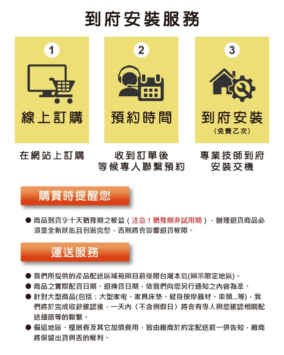 1到府安裝服務23線上訂購預約時間到府安裝(免費乙次)在網站上訂購收到訂單後等候專人聯繫預約專業技師到府安裝交機購買時提醒您商品到貨享十天猶豫期之權益(注意!猶豫期非試用期),辦理退貨商品必須是全新狀態且包裝完整,否則將會影響退貨權限。運送服務我們所提供的產品配送區域範圍目前僅限台灣本島(圖示限定地區)。商品之實際配貨日期、退換貨日期,依我們向您另行通知之內容為準。針對大型商品(包括:大型家電、家具床墊、健身按摩器材、車類...等),我們將於完成收款確認後,一天內不含例假日將會有專人與您確認相關配送細節等的聯繫。偏遠地區、樓層費及其它加價費用,皆由廠商於約定配送前一併告知,廠商將保留出貨與否的權利。
