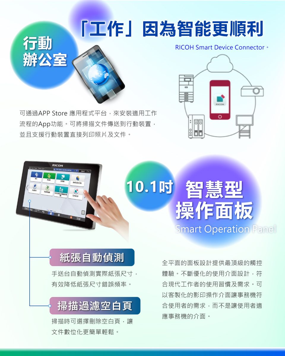 行動辦公室「工作」因為智能更順利RICOH Smart Device Connector可通過APP ore 應用程式平台,來安裝適用工作流程的App功能可將掃描文件傳送到行動裝置,並且支援行動裝置直接列印照片及文件。。RICOH St【10.1吋智慧型操作面板Smart Operation Panel紙張自動偵測手送台自動偵測實際紙張尺寸,有效降低紙張尺寸錯誤頻率。掃描過濾空白頁掃描時可選擇刪除空白頁,讓文件數位化更簡單輕鬆。全平面的面板設計提供最頂級的觸控體驗。不斷優化的使用介面設計,符合現代工作者的使用習慣及需求。可以客製化的影印操作介面讓事務機符合使用者的需求,而不是讓使用者適應事務機的介面。