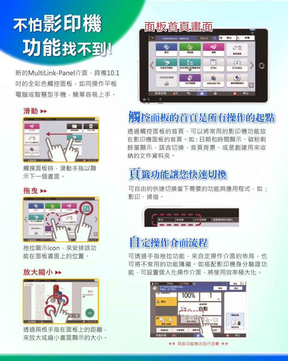 不怕影印機功能找不到新的MultiLink-Panel介面具備10.1的全彩色觸控面板如同操作平板電腦或智慧型手機簡單容易上手面板首真畫面02 登出節電影印傳真快速儲存裝  Creative沒有接收檔案文件 Site停止滑動 觸控面板的首頁是所有操作的起點觸摸面板時,滑動手指以顯示下一個畫面。透過觸控面板的首頁,可以將常用的影印機功能放在影印機面板的首頁。如:日期和時間顯示、碳粉剩餘量顯示、語言切換、首頁背景、或是創建用來收納的文件資料夾。頁籤功能讓您快速切換拖曳可自由的快速切換當下需要的功能與,如:影印、掃描。掃描器文件檢查應用程式。拖拉圖示icon,來安排該功能在面板畫面上的位置。放大縮小自定操作介面流程可透過手指拖拉功能,來自定操作介面的佈局,也可將不常用的功能隱藏。如搭配影印機身分驗證功能,可設置個人化操作介面,將使用效率極大化。100%自動透過兩根手指在面板上的距離,來放大或縮小畫面顯示的大小。檢查狀態停止** 某些功能無法自行定義 **