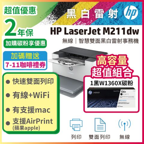 【限量超值組】【加碼送咖啡券】HP LJ M211dw 黑白雷射印表機+W1360X(136X) 高容量 原廠碳粉