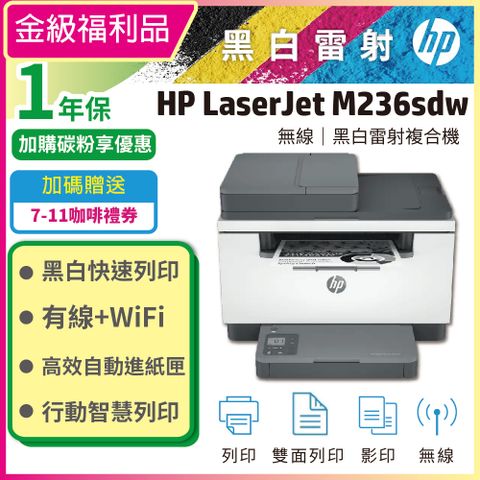 【福利品】HP LaserJet Pro MFP M236sdw 無線雙面黑白雷射複合機