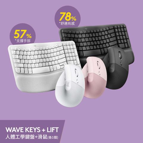 Logitech 羅技 搶券再折$300 Wave Keys 人體工學鍵盤(石墨灰)+LIFT 人體工學垂直滑鼠(珍珠白)