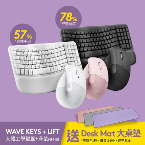 羅技 Wave Keys 人體工學鍵盤(石墨灰)+LIFT 人體工學垂直滑鼠(玫瑰粉)