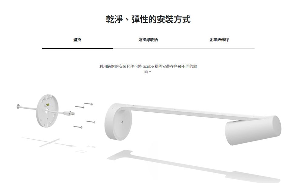 壁掛乾淨、彈性的安裝方式連接線收納利用的安装套件可將 Scribe 穩固安裝在各種不同的牆面。企業級佈線