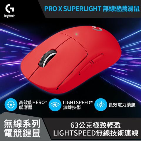 Logitech 羅技 PRO X SUPERLIGHT 無線輕量化電競滑鼠-紅