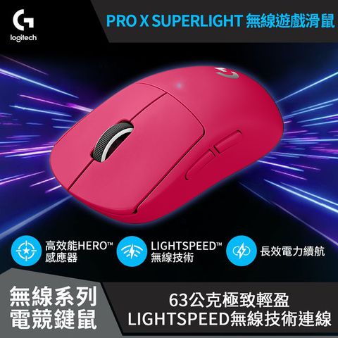 Logitech 羅技 PRO X SUPERLIGHT 無線輕量化電競滑鼠-桃紅