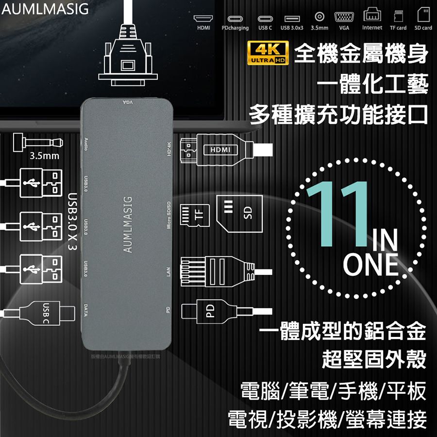 AUMLMASIG 全通碩 USB Typ-C萬用多功能11合1金屬集線器+PD充電+HDMI4K輸出+RJ45網路+3*USB3.0+瑞昱晶片辦公/娛樂 超方便電腦/筆電/手機/平板/電視/投影機/螢幕連接