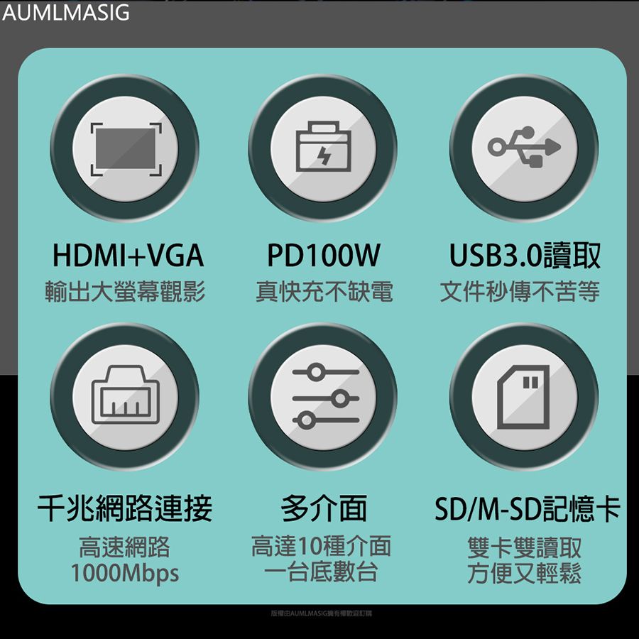 AUMLMASIG 全通碩 USB Typ-C萬用多功能11合1金屬集線器+PD充電+HDMI4K輸出+RJ45網路+3*USB3.0+瑞昱晶片辦公/娛樂 超方便電腦/筆電/手機/平板/電視/投影機/螢幕連接