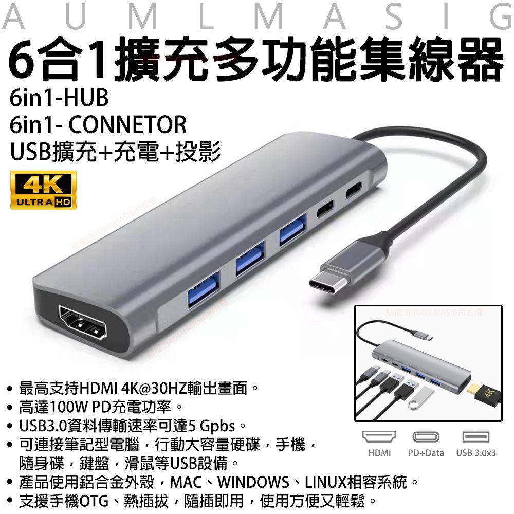  【AUMLMASIG】6合1擴充多功能集線器6in1 HUB 6in1 CONNETOR USB擴充+充電+投影HDMI 4K/ 100W /PD /USB3.0/筆記型電腦/手機OTG/隨身碟/鍵盤/滑鼠/USB設備