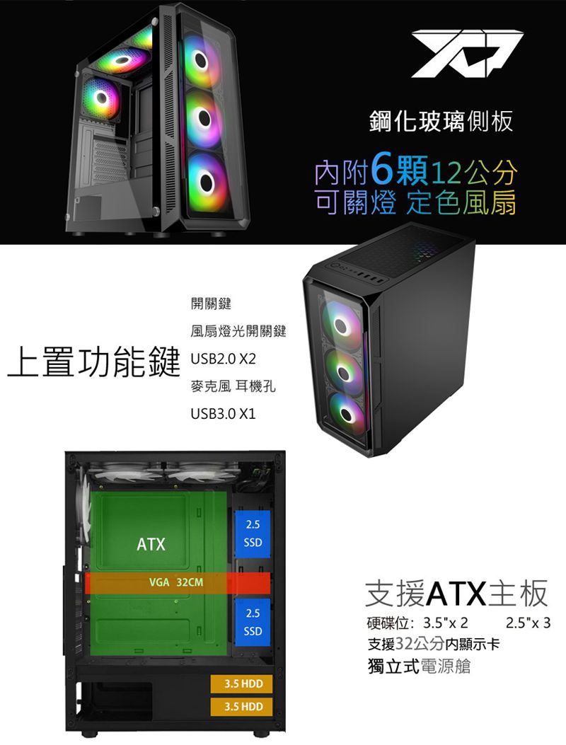 開關鍵風扇燈光開關鍵上置功能鍵USB2.0 X2ATX麥克風 耳機孔USB3.0 X1VGA 32CM2.5SSD鋼化玻璃側板附612公分可關燈 定色風扇支援ATX主板2.5硬碟位:3.5x 22.5x 3SSD支援32公分內顯示卡獨立式電源艙3.5 HDD3.5 HDD