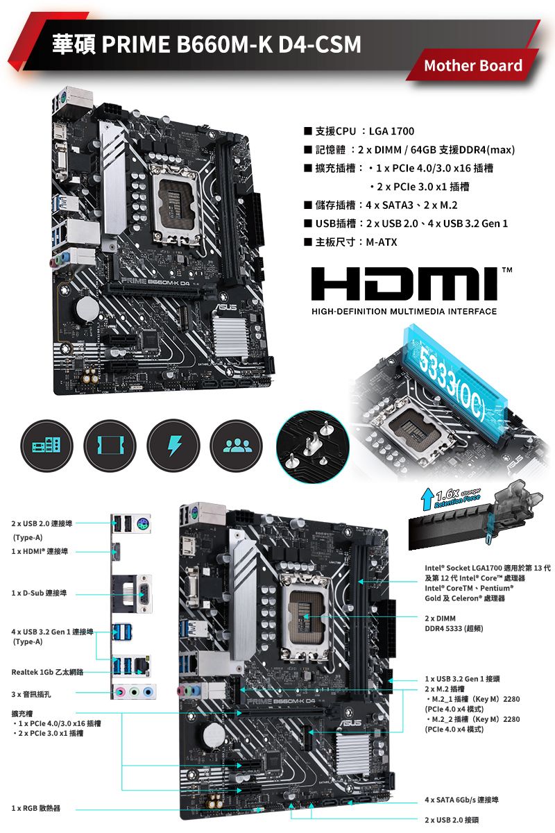 PRIME B660M CSMMother BoardPRIME K   USB .0Type-A  HDMI* 連接埠 D-Sub 連接埠4  USB 3. Gen 1Type-ARealtek 1Gb 乙太網路3音訊插孔 1  4.03.0  2   3.0 11  RGB 散熱器CPU LGA 1700 2  DIMM / 64GB 擴充插槽DDR4(ma)1   4.0/3.0 16 2 x  3.0 x14 x SATA3  2 x M.2USB: 2 x USB 2.0 4x USB 3.2 Gen 1 M-ATXHDMIHIGH-DEFINITION MULTIMEDIA INTERFACEPRIME -K D4   Socket LGA1700 13  Intel® CoreIntel® CoreTM Pentium®Gold Celeron2 x DIMMDDR4 5333()1x USB 3.2 Gen 12 x M.2 M.2 1( 4.0 (Key M) 2280)(Key M) 2280M.2 2( 4.0 x4)4 x SATA 6Gb/s USB 2.0