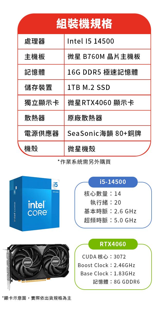 組裝機規格Intel  14500處理器主機板微星 B760M 晶片主機板記憶體16G DDR5 極速記憶體儲存裝置1TB M.2 SSD獨立顯示卡 微星RTX4060 顯示卡散熱器原廠散熱器電源供應器SeaSonic海韻 80+銅牌機殼inteli5 微星機殼*作業系統需另外購買i5-14500核心數量:14執行緒:20基本時脈:2.6 GHz超頻時脈:5.0 GHzmsiRTX4060CUDA核心:3072Boost Clock:2.46GHzBase Clock:1.83GHz記憶體:8G GDDR6*顯卡示意圖,實際依出貨規格為主