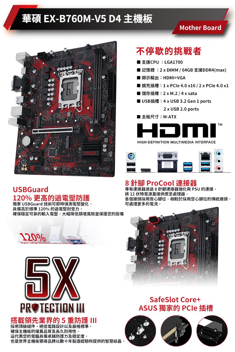 華碩 EX-B760M-V5 D4 主機板Mother Board不停歇的挑戰者 支援CPU:LGA1700 記憶體:2  DIMM / 64GB 支援DDR4(max)顯示輸出:HDMI+VGA 擴充插槽:1xPCle4.0x16/2x  4.0x1■ 儲存插槽:2x M.2 / 4 x sataUSB插槽: USB 3.2 Gen 1 ports2 x USB 2.0 ports主板尺寸:M-ATXHDMIHIGH-DEFINITION MULTIMEDIA INTERFACEUSBGuard120% 更高的過電壓防護獨家 USBGuard 技術可即時偵測電壓變化,具備高於標準120% 的過電壓耐受力,確保穩定可靠的輸入電壓,大幅降低損壞風險並保護您的設備8 針腳 ProCool連接器連接器透過8針腳連接器強化與PSU 的連接,將 12伏特電源直接供應至處理器。各個接頭採用實心腳位,相較於採用空心腳位的傳統接頭,可處理更多的電流。120% Higher  tolerance5XPROTECTION 搭載領先業界的5重防護 採用頂級組件、絕佳電路設計以及嚴格標準,確保主機板的優異品質及長久耐用性。這代表您的電腦具備卓越防護力及穩定度,也是世界主機板領導品牌以數十年製造經驗所提供的智慧結晶。SafeSlot Core+ASUS 獨家的  插槽