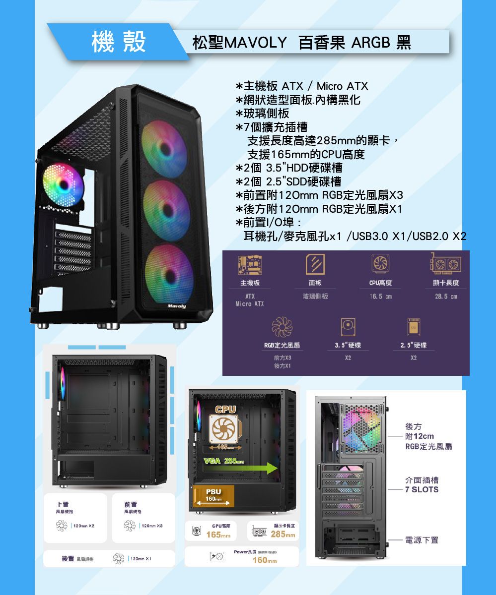 上置機殼松聖MAVLY 百香果 ARGB 黑 2前置*主機板 ATX / Micro ATX*網狀造型面板構黑化*玻璃側板*7個擴充插槽支援高達mm的顯,支援165mm的CPU*2個 3.5HDD硬碟槽*2個 2.5SDD硬碟槽*前置附 RGB定光扇X3*後方附 RGB定光風扇*前置I/O埠:耳機孔/麥克風孔x1/USB3.0 X1/USB2.0 主機板面板CPU高度顯卡ATX玻璃側板16.5 cm28.5 cmMicro ATXMavolyCPUVGA 285.PSU160ml120mm ×3CPU高度後置 風 120mm X1RGB定光風扇3.5硬碟2.5硬碟前方X3X2X2後方X1顯示卡長度後方附12cmRGB定光風扇介面插槽7 SLOTS285mm電源下置165mmPower長度160mm