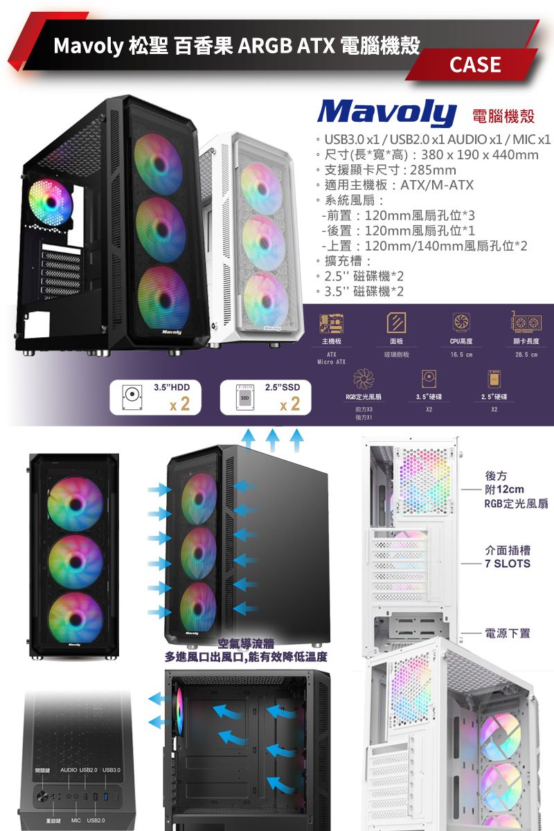 Mavoly 松聖 百香果 ARGB ATX 電腦機殼CASEMavoly USB3.0/ x1 AUDIO x1 / MICx1尺寸(長*寬*高) 380x190x40mm支援顯卡尺寸:285mm適用主機板:ATX/MATX系統:前:120mm位*3-後置:120mm孔位*1-置:120mm/140mm風扇孔位*2擴充槽:AUDIO USB2.0 USB3.04:MIC USB2.03.5HDDx22.5SSD。2.5 磁碟機*23.5 磁碟機*2主機板面板CPU高度顯卡長度ATX玻璃側板 28.5 Micro ATXx2RGB定光風扇3.5硬碟2.5硬碟前方後方後方附12cmRGB定光風扇介面插槽7 SLOTS-電下置空氣導流源出風口,能有效降低溫度