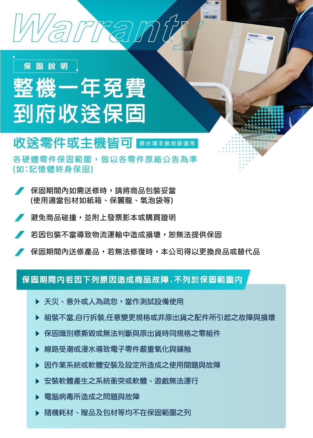 Warrant保固說明整機一年免費到府收送保固收送零件或主機皆可 島地區適用各硬體零件保固範圍,皆以各零件原廠公告為準(如:記憶體終身保固)保固期間如需送修時,請將商品包裝妥當(使用適當包材如紙箱、保麗龍、氣泡袋等)避免商品碰撞,並附上發票影本或購買證明若因包裝不當導致物流運輸中造成損壞,恕無法提供保固保固期間送修產品,若無法修復時,本公司得以更換良品或替代品保固期間內若因下列原因造成商品故障,不列於保固範圍內 天災、意外或人為疏忽,當作測試設備使用 組裝不當,自行拆裝,任意變更規格或非原出貨之配件所引起之故障與損壞▶ 保固識別標撕毀或無法判斷與原出貨時同規格之零組件▶ 線路受潮或浸水導致電子零件嚴重氧化與鋪触▶ 因作業系統或軟體安裝及設定所造成之使用問題與故障▶ 安裝軟體產生之系統衝突或軟體、遊戲無法運行▶ 電腦病毒所造成之問題與故障隨機耗材、贈品及包材等均不在保固範圍之列