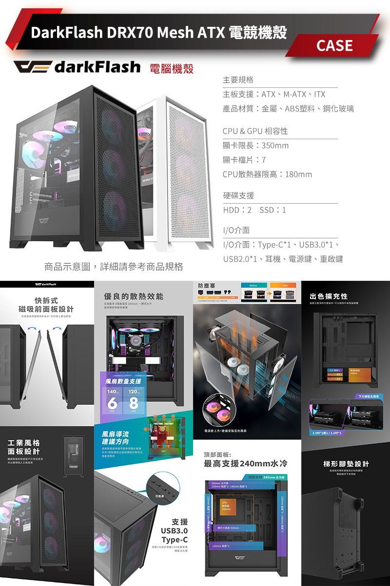 DarkFlash DRX70  ATX 電競機殼CASE  電腦機殼商品示意圖詳細請參考商品規格主要規格主板支援:ATX、M-ATX、TX產品材質:金屬、ABS塑料、鋼化玻璃CPU & GPU 相容性顯卡限長:350mm顯卡檔片:7CPU散熱器限高:80mm支援HDD:2 SSD:O介面IO介面:Type-C1、USB3.01、USB2.0*1、耳機、電源鍵、重啟鍵darkFlash防塵塞快拆式優良的散熱效能磁吸前面板設計風扇支援 068出色擴充性硬碟風扇導流電源,建議安裝**1工業風格建議方向面板設計頂部面板:最高支援240mm梯形腳墊設計水冷支援USB3.0Type-C12CPU
