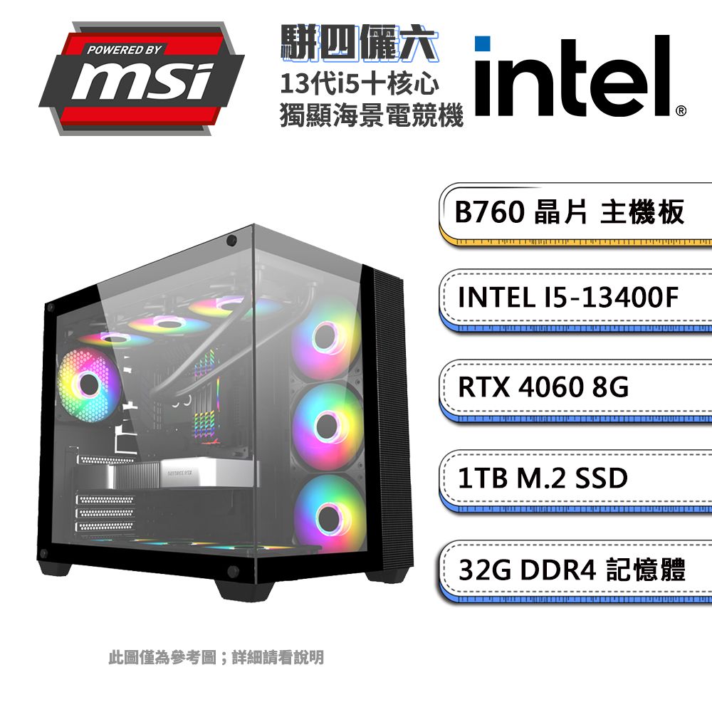 MSI 微星 (DIY)B760平台【無A柱】GeForce RTX4060獨顯電競電腦(i5-13400F/32G/1TB_M.2)