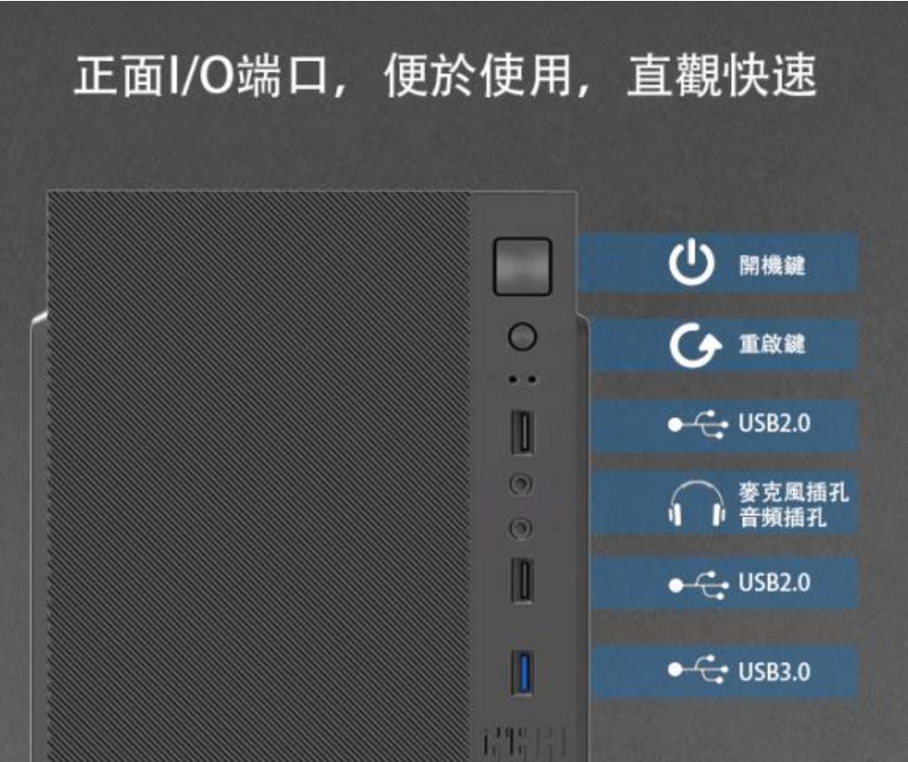 正面I/O端口,便於使用,直觀快速開機鍵重啟鍵USB2.0麥克風插孔音頻插孔:USB2.0USB3.0