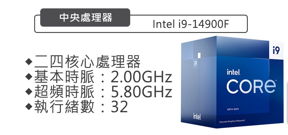 中央處理器Intel i9-14900F二四核心處理器·基本時脈:2.00GHz·超頻時脈:5.80GHz執行數:32intelintel.14TH GENDiscrete Graphics