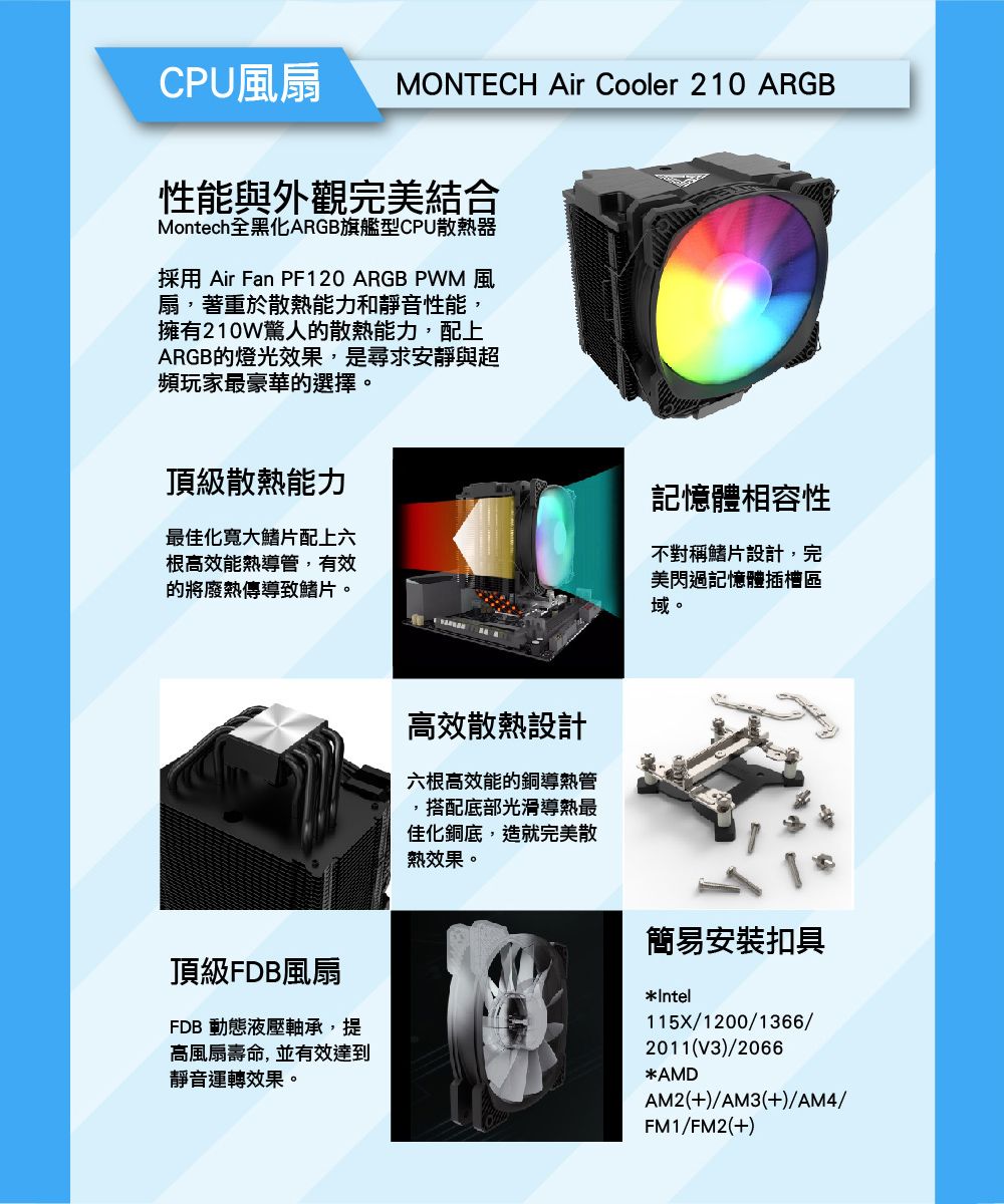 CPU風扇 MONTECH Air Cooler 210 ARGB性能與外觀完美結合Montech全黑化ARGB旗艦型CPU散熱器採用 Air Fan PF120 ARGB PWM 風扇,著重於散熱能力和靜音性能,擁有210W驚人的散熱能力,配上ARGB的燈光效果,是尋求安靜與超頻玩家最豪華的選擇。頂級散熱能力最佳化寬大鰭片配上六根高效能熱導管,有效的將廢熱傳導致鰭片。記憶體相容性不對稱鰭片設計,完美閃過記憶體插槽區域。高效散熱設計六根高效能的銅導熱管,搭配底部光滑導熱最佳化銅底,造就完美散熱效果。頂級FDB風扇FDB 動態液壓軸承,提高風扇壽命,並有效達到靜音運轉效果。簡易安裝扣具*Intel115X/1200/1366/2011(V3)/2066*AMDAM2(+)/AM3(+)/AM4/FM1/FM2(+)