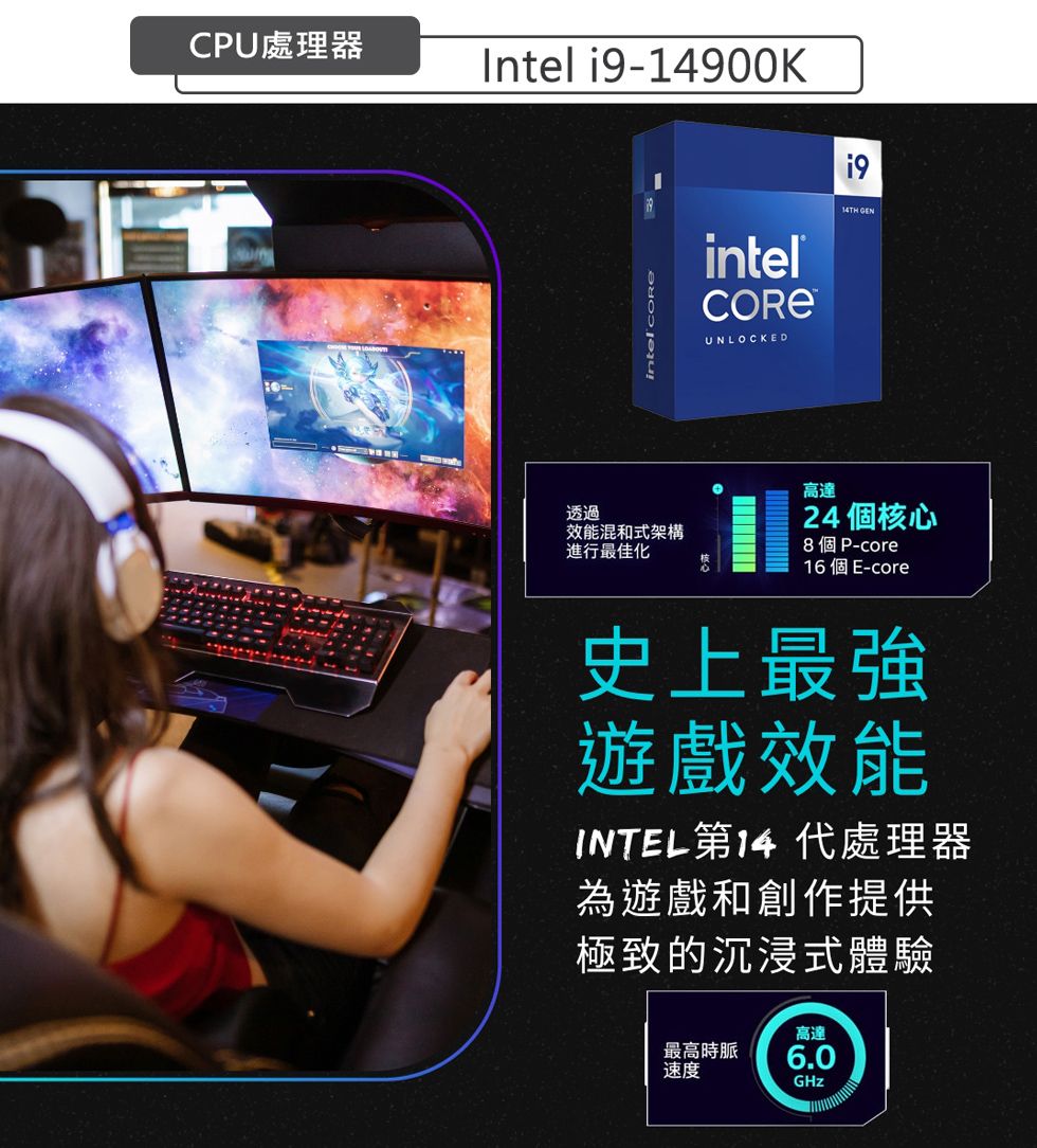 CPU處理器Intel i9-14900Kintel UNLOCKED14TH GEN透過效能混和式架構進行最佳化高達24 個核心8個P-core16 個 E-core史上最強遊戲效能INTEL第14代處理器為遊戲和創作提供極致的沉浸式體驗最高時脈速度高達6.0