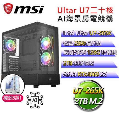 MSI 微星 微星【風欲翱起】Ultra 7二十核 華碩RTX4060 AI海景房電競電腦(Ultra 7-265K/Z890/128G/2T)