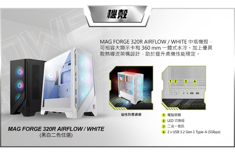 機殼MAG FORGE 0R AIRFLOW/WHITE 中機殼,可相容大顯示卡和360mm一體式水冷。加上優異散熱導流架構設計,助於提升桌機性能穩定。MAG FORGE 320R AIRFLOW/ WHITE(黑白二色任選)1 23 4磁性防塵濾網1 電腦開關MAG2 LED 切換3 二合一音訊42  USB 3.2 Gen1 Type-A (5Gbps)