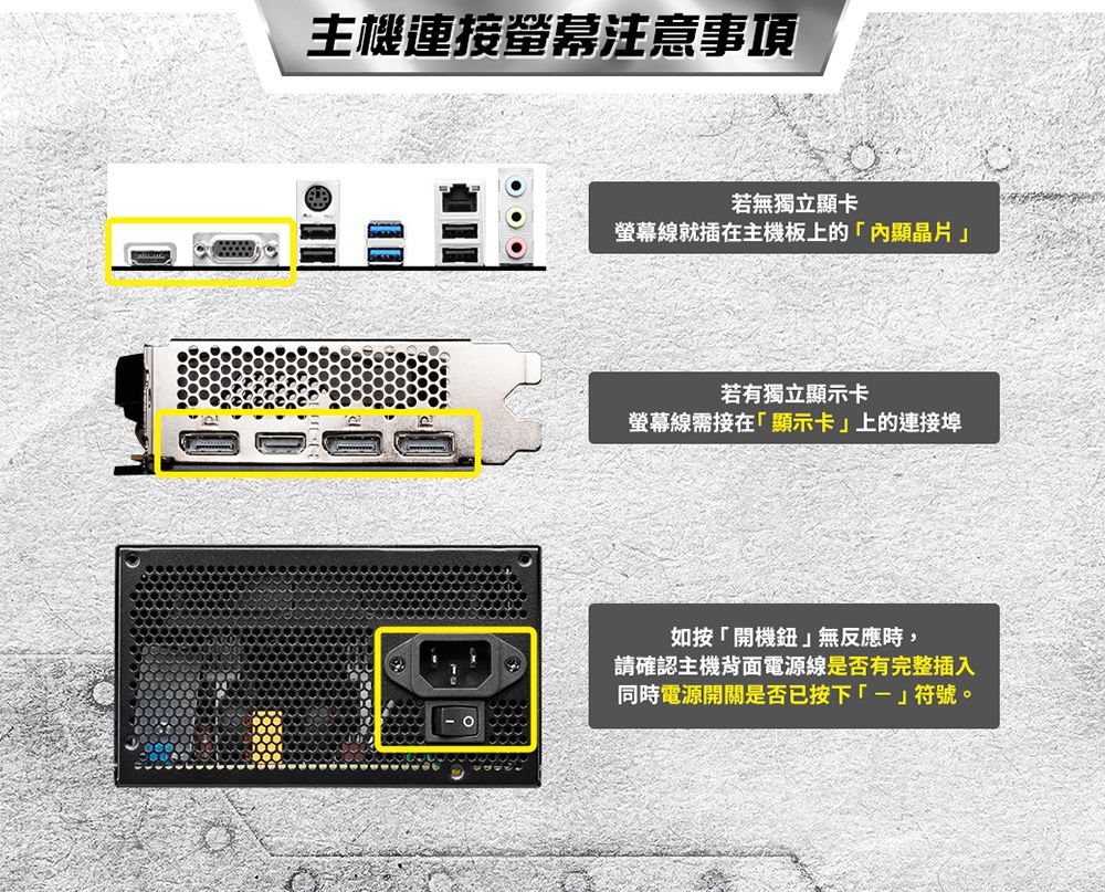 主機連接螢幕注意事項若無獨立顯卡螢幕線就插在主機板上的內顯晶片若有獨立顯示卡螢幕線需接在顯示卡上的連接埠如按「開機鈕」無反應時,請確認主機背面電源線是否有完整插入同時電源開關是否已按下「」符號。