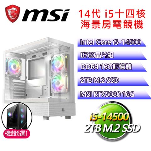 微星平台【別出心裁】i5十四核 RTX5080 海景房電競電腦(i5-14500/B760/16G D4/2TB)