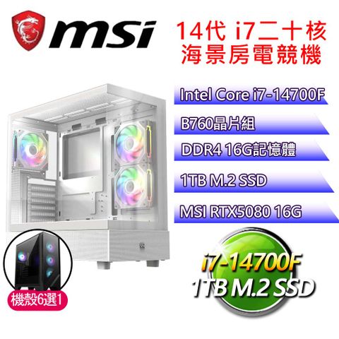 微星平台【別來無恙】i7二十核 RTX5080 海景房電競電腦(i7-14700F/B760/16G D4/1TB)
