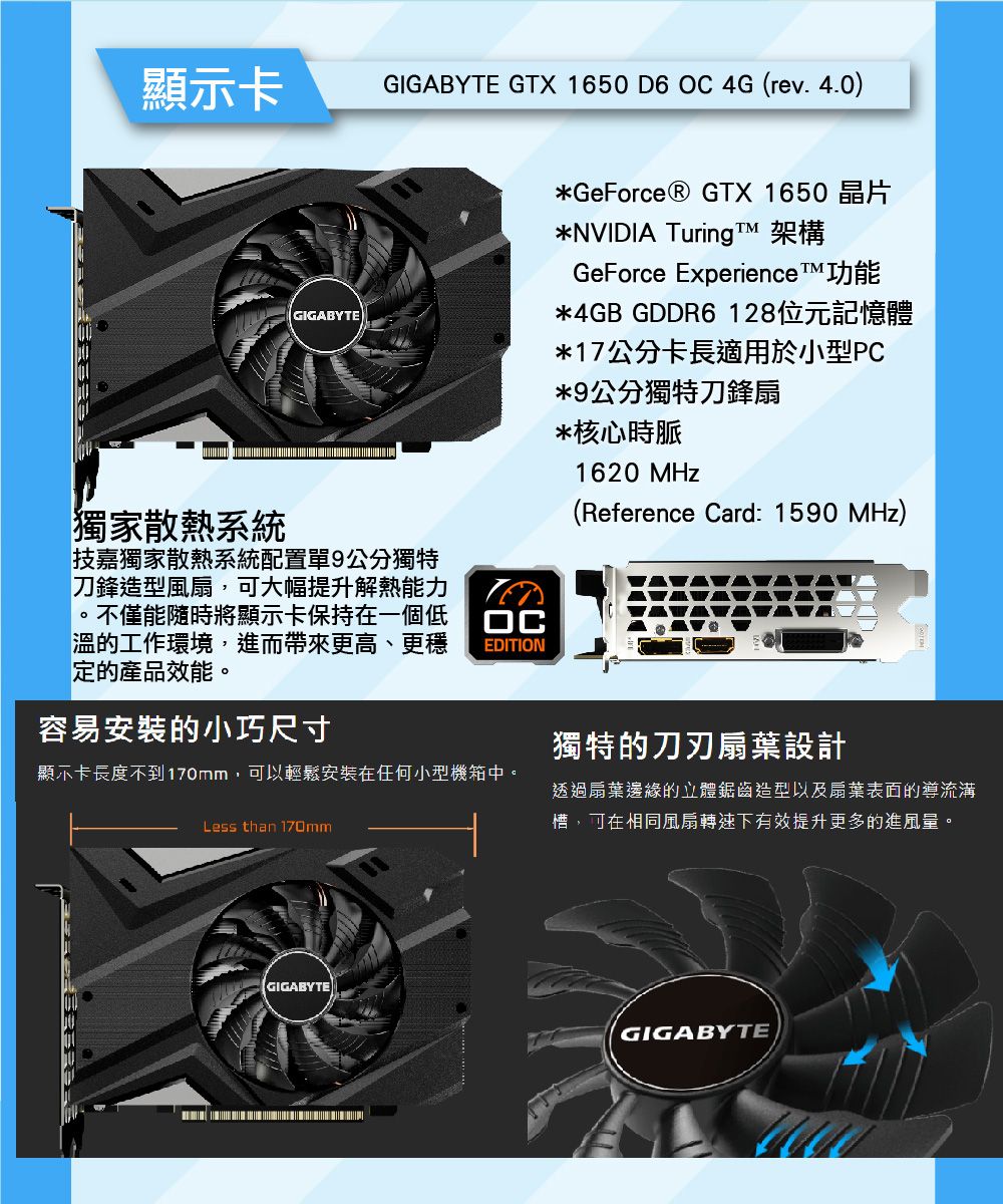 顯示卡獨家散熱系統GIGABYE GTX 1650 D6 OC 4G (rev.4.0)*GeForce® GTX 1650 晶片*NVIDIA TuringT 架構GeForce Experience T™功能*4GB GDDR6128位元記憶體GIGABYTE*17公分卡長適用於小型PC技嘉獨家散熱系統配置單9公分獨特刀鋒造型風扇,大幅提升解熱能力。不僅能隨時將顯示卡保持在一個低溫的工作環境,進而帶來更高、更穩定的產品效能。OCEDITION容易安裝的小巧尺寸顯示卡長度不到170mm,可以輕鬆安裝在任何小型機箱中。Less than 170mmGIGABYTE*9公分獨特刀鋒扇*核心時脈1620 MHz(Reference Card: 1590 MHz)獨特的刀刃扇葉設計透過扇葉邊緣的立體鋸齒造型以及扇葉的導流溝槽,可在相同風扇轉速下有效提升更多的進風量。GIGABYTE