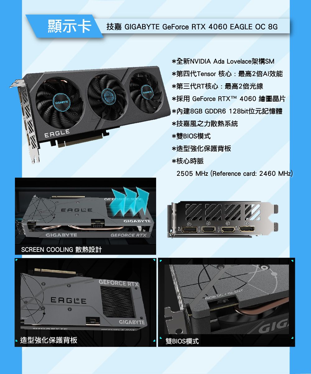 顯示卡技嘉 GIGABYTE GeForce RTX 4060  OC 8GGIGABYTEEAGE全新NVIDIA Ada Lovelace架構SM*第四代Tensor 核心:最高2倍AI效能*第三代RT核心:最高2倍光線*採用 GeForce RTXT 4060 繪圖晶片*內建8GB GDDR6128bit位元記憶體*技嘉風之力散熱系統*雙模式*造型強化保護背板*核心時脈2505 MHz (Reference card: 2460 MHz)EAGLEGIGABYTESCREEN COOLING 散熱設計EAGLEL造型強化保護背板GIGABYTEGEFORCE RTXGEFORCE RTXGIGABYTEBIOS SILENT雙BIOS模式GIG