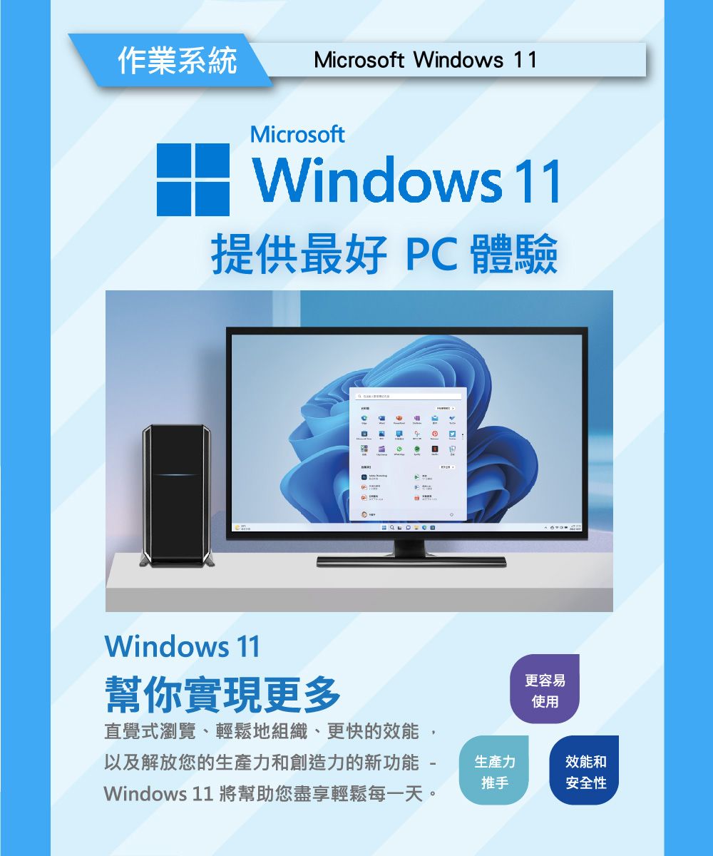 作業系統 Microsoft Windows 11MicrosoftWindows 11提供最好 PC 體驗Windows 11幫你實現更多更容易使用直覺式瀏覽、輕鬆地組織、更快的效能,以及解放您的生產力和創造力的新功能-Windows 11 將幫助您盡享輕鬆每一天。生產力推手效能和安全性