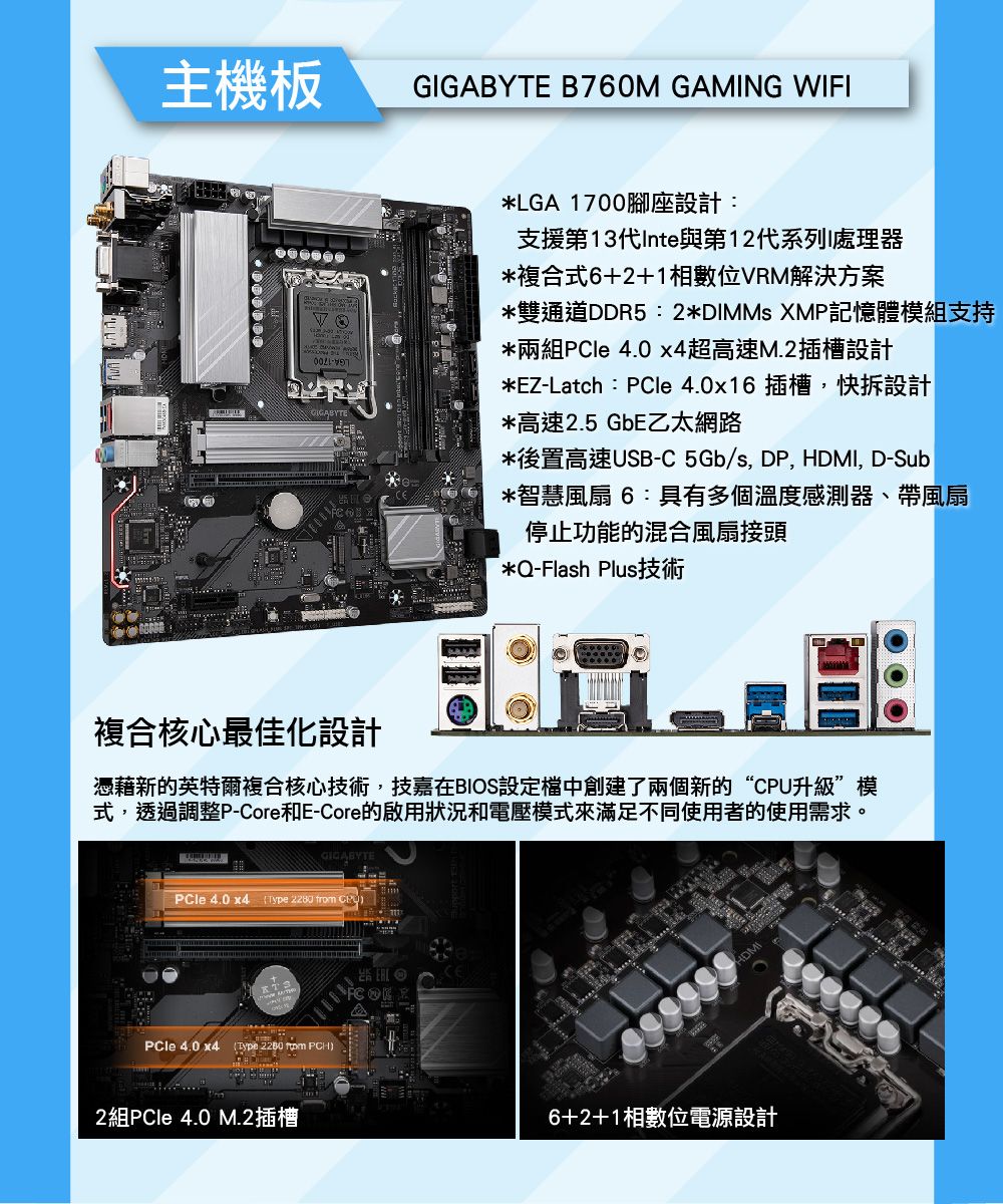 主機板 B760M GAMING WIFI*LGA 1700腳座設計:支援第13代Inte與第12代系列I處理器*複合式6+2+1相數位VRM解決方案*雙通道DDR5:2* 記憶體模組支持*兩組PCle 4.0 x4超高速M.2插槽設計*EZ-Latch:PCle 4.0x16插槽,快拆設計*高速2.5 GbE乙太網路*後置高速USB-C 5Gb/s, DP, , D-Sub*智慧風扇 6:具有多個溫度感測器、帶風扇停止功能的混合風扇接頭*Q-Flash Plus技術複合核心最佳化設計憑藉新的英特爾複合核心技術,技嘉在BIOS設定檔中創建了兩個新的“升級”模式,透過調整P-Core和E-Core的啟用狀況和電壓模式來滿足不同使用者的使用需求。GIGABYTEPCle 4.0 x4 Type  from CPUPCle 4.0 x4 (Type 2280  PCH)2組 4.0 M.2插槽HDMI6+2+1相數位電源設計