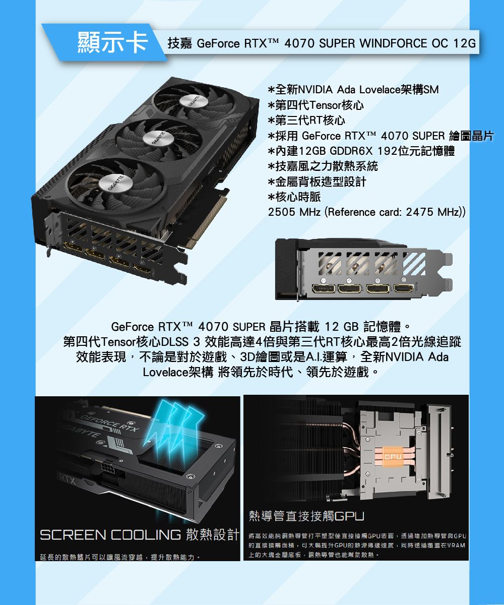 顯示卡 技嘉 GeForce RTX 4070 SUPER WINDFORCE OC 12G全新NVIDIA Ada Lovelace架構SM*第四代Tensor核心*第三代RT核心*採用 GeForce RTXT™ 4070 SUPER 繪圖晶片*內建12GB GDDR6X192位元記憶體*技嘉風之力散系統*背板造型設計*核心時脈2505 MHz (Reference card: 2475 MHz))GeForce RTXT™ 4070 SUPER 晶片搭載 12 GB 記憶體。第四代Tensor核心DLSS3 效能高達4倍與第三代RT核心最高2倍光線追蹤效能表現不論是對於遊戲、3D繪圖或是A.I.運算,全新NVIDIA AdaLovelace架構 將領先於時代、領先於遊戲。GEFORCE RTX熱導管直接接觸GPUSCREEN COOLING 散熱設計 將高效能純銅熱導管打平塑型後直接接觸GPU表面,透過增加熱導管與GPU延長的散熱鰭片以讓風流穿越,提升散熱能力。的直接接觸面積,可大幅提升GPU的熱源,同時透過蓋在VRAM上的大塊金屬底板,銅熱導管也能幫助散熱。