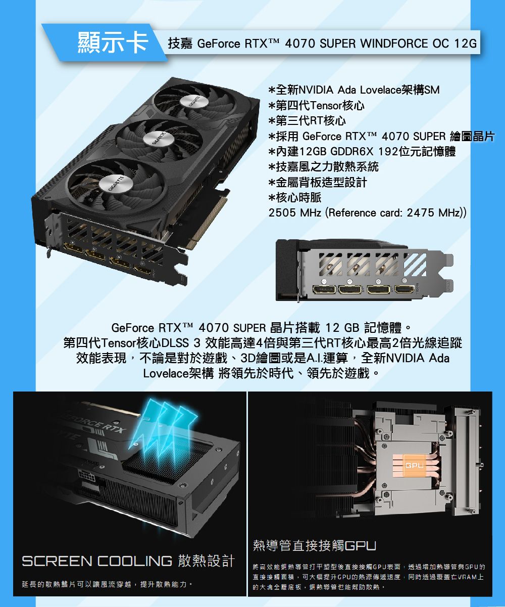 顯示卡 技嘉 GeForce  4070 SUPER WINDFORCE OC 12G全新NVIDIA Ada Lovelace架構SM*第四代Tensor核心*第三代RT核心*採用 GeForce RTXT™ 4070 SUPER 繪圖晶片*內建12GB GDDR6X192位元記憶體*技嘉風之力散系統*金屬背板造型設計*核心時脈2505 MHz (Reference card: 2475 MHz))GeForce RTXT™ 4070 SUPER 晶片搭載 12 GB 記憶體。第四代Tensor核心DLSS3 效能高達4倍第三代RT核心最高2倍光線追蹤效能表現,不論是對於遊戲、3D繪圖或是A.I.運算,全新NVIDIA AdaLovelace架構 將領先於時代、領先於遊戲。FORCE RTX熱導管直接接觸GPUSCREEN COOLING 散熱設計延長的散熱鰭片可以讓風流穿越,提升散熱能力。將高效能熱導管打平塑型後直接接觸GPU表面,透過增加熱導管與GPU的直接接觸面積,可大幅提升GPU的熱源傳遞速度,同時透過VRAM上的大塊底板,銅熱導管也能幫助散熱。