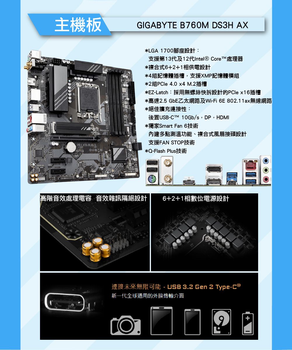 主機板GIGABYTE B760M DS3H AX*LGA 1700腳座設計:支援第13代及12代Intel® Core™ 處理器*複合式6+2+1相供電設計*4組記憶體插槽,支援XMP記憶體模組*2組 4.0 x4 M.2插槽*EZ-Latch:採用無螺絲快拆設計的PCle x16插槽*高速2.5 GbE乙太網路及Wi-Fi 6E802.11ax無線網路*絕佳擴充連接性:後置USB-CTM 10Gb/s,DP,HDMI*獨家Smart Fan 6技術內建多點測溫功能、複合式風扇接頭設計支援FAN STOP技術*Q-Flash Plus技術高階音效處理電容 音效雜訊隔絕設計6+2+1相數位電源設計連接未來無限可能 - USB 3.2 Gen 2 Type-C ®新一代全球通用的外接傳輸介面