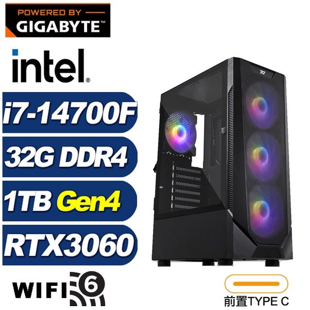 GIGABYTE 技嘉 (DIY)刻瑞斯I24C(i7-14700F/B760/32G/1TB M.2/RTX 3060)