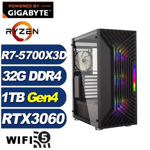 GIGABYTE 技嘉 (DIY)鯤鵬I5CC(R7-5700X3D/B550/32G/1TB M.2/RTX 3060)