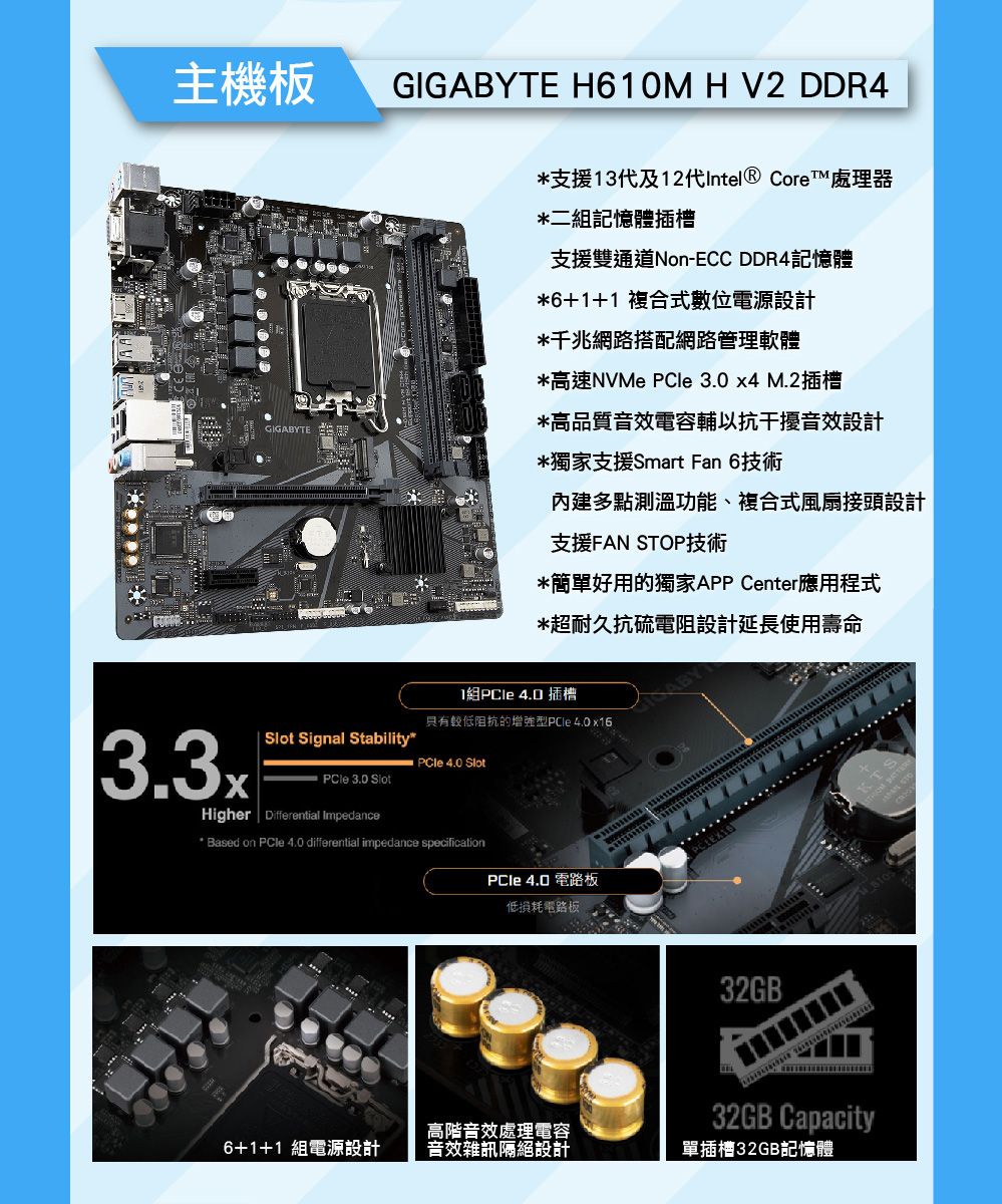 主機板GIGABYTE H60M H V2 DDR4GIGABYTE支援13代及12代Intel® Core™ 處理器*二記憶體插槽支援雙通道Non-ECC DDR4記憶體*6+1+1 複合式數位電源設計*千兆網路搭配網路管理軟體*高速NVMe PCle 3.0 x4 M.2插槽*高品質音效電容輔以抗干擾音效設計*獨家支援Smart Fan 6技術多點測溫功能、複合式風扇接頭設計支援FAN STOP技術*簡單好用的獨家APP Center應用程式*超耐久抗硫電阻設計延長使用壽命1組PCle 4.0 插槽具有較低阻抗的增強型PCle 4.0x16Slot Signal Stability* 3.0 SlotHigher Differential ImpedancePCle 4.0 Slot* Based on PCle 4.0 differential impedance specificationPCle 4.0 電路板低損耗電路板6+1+1 組電源設計高階音效處理電容音效雜訊隔絕設計32GB32GB Capacity單插槽32GB記憶體