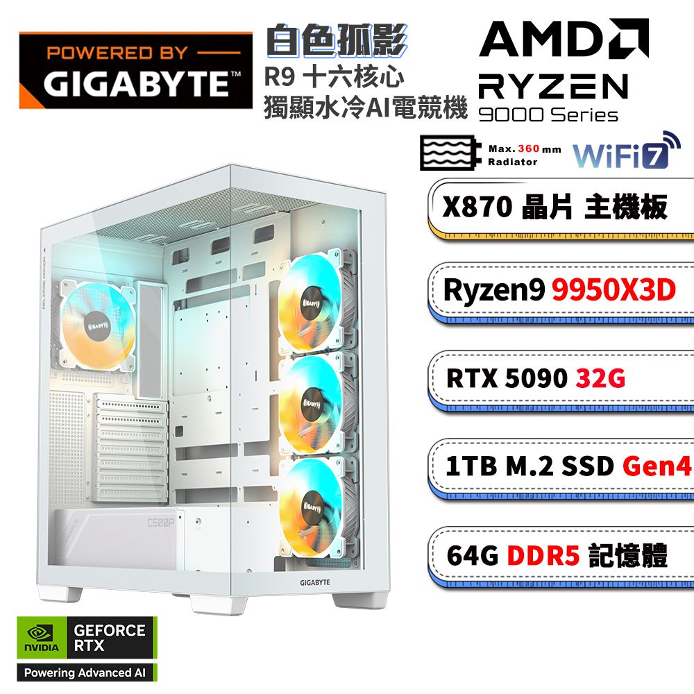 GIGABYTE 技嘉 X870平台【白色孤影】RTX 5090 AI水冷電競電腦(R9 9950X3D/X870/64G D5/1TB/WIFI7)