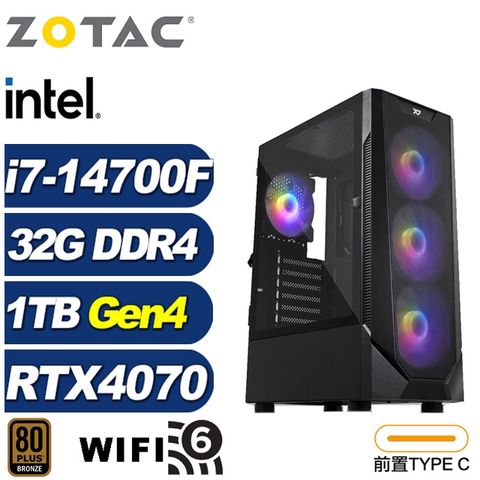 ZOTAC (DIY)風神L17C(i7-14700F/技嘉B760/32G/1TB M.2/RTX 4070)